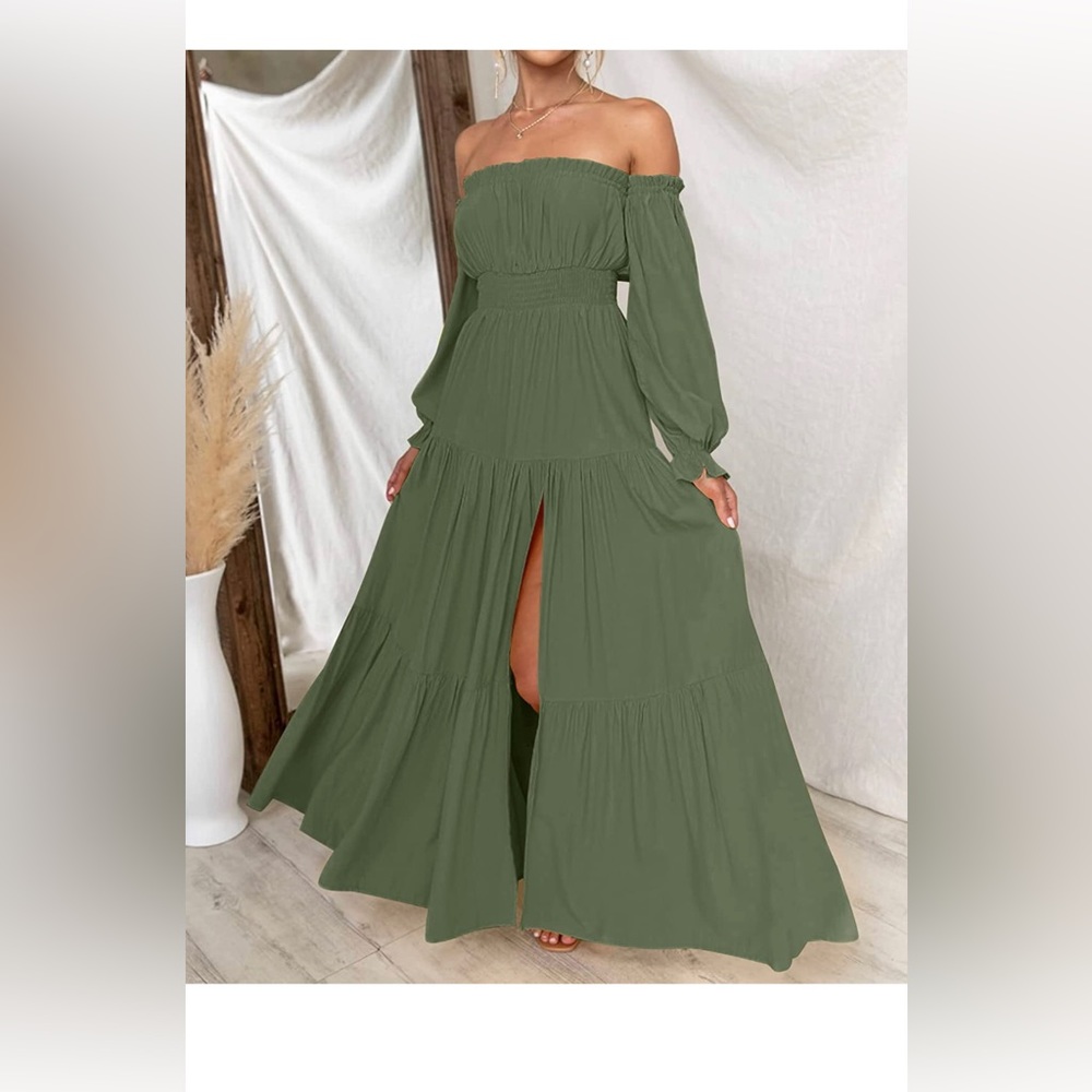 Off Shoulder Long Sleeve Smocked High Waist Side Split Flowy Long Maxi Dress